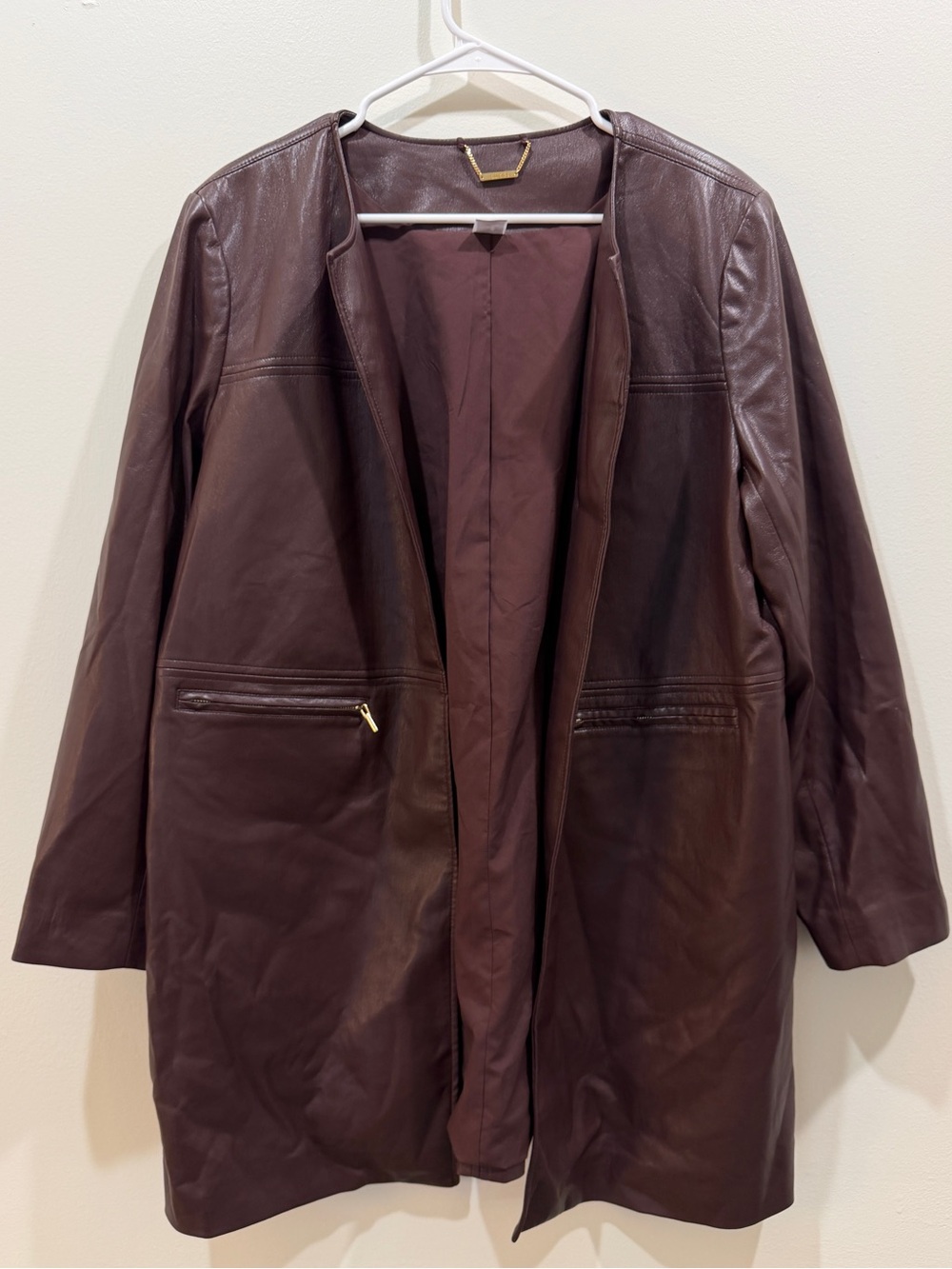 Chico's Burgundy Vegan Leather Collarless Longline Jacket Coat Size 3 (16/XL)